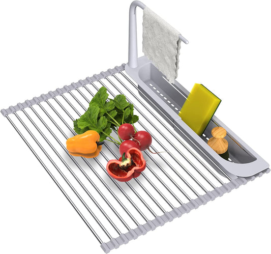 Roll Up Dish Drying Rack w/ Sink Caddy Expandable Over The Sink Dish Drying Rack