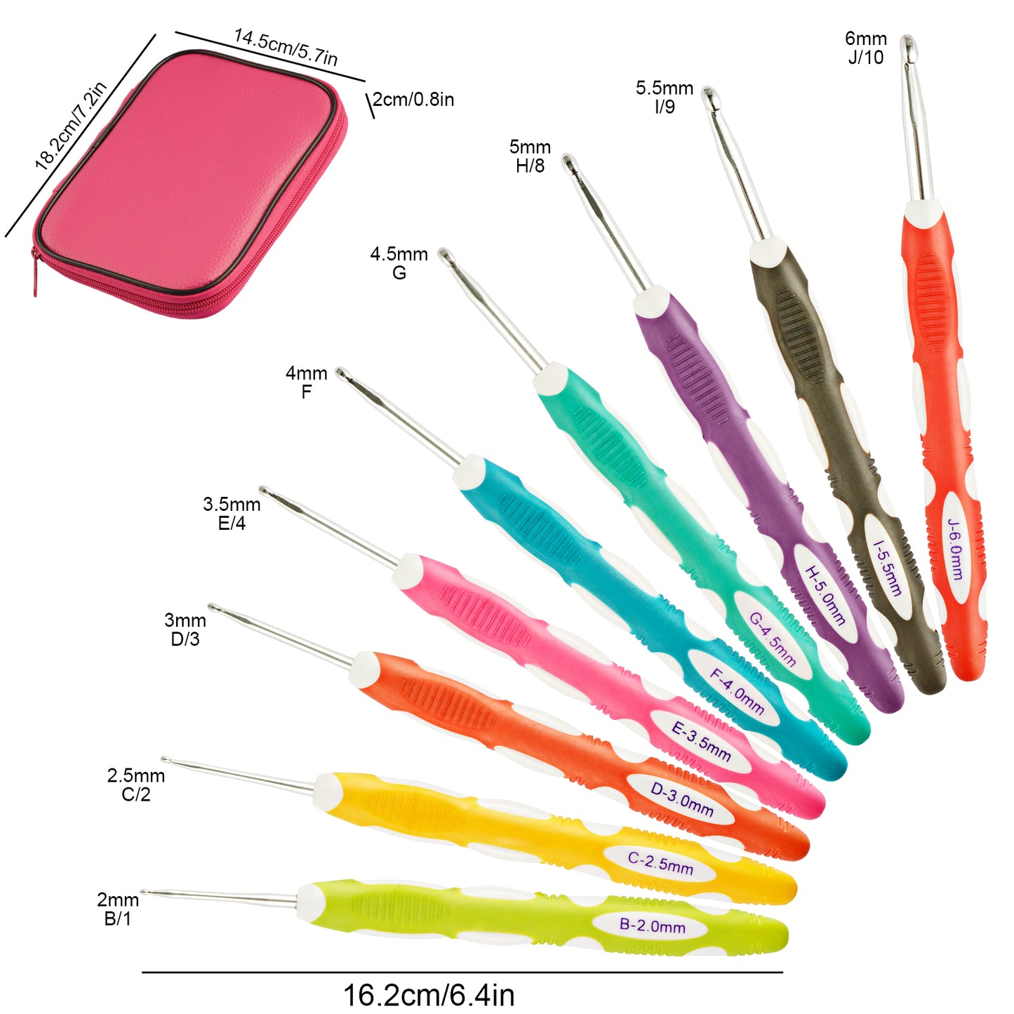 Aluminum Crochet Hook Anti-Slippery Silicone Handle 9PCS 2-6mm 6.4" Color-Code
