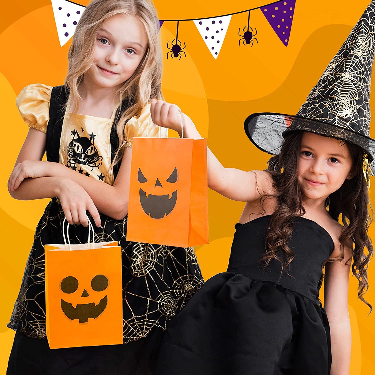16-Pack Halloween Pumpkin Kraft Paper Treat Bags with Handles Trick or Treat