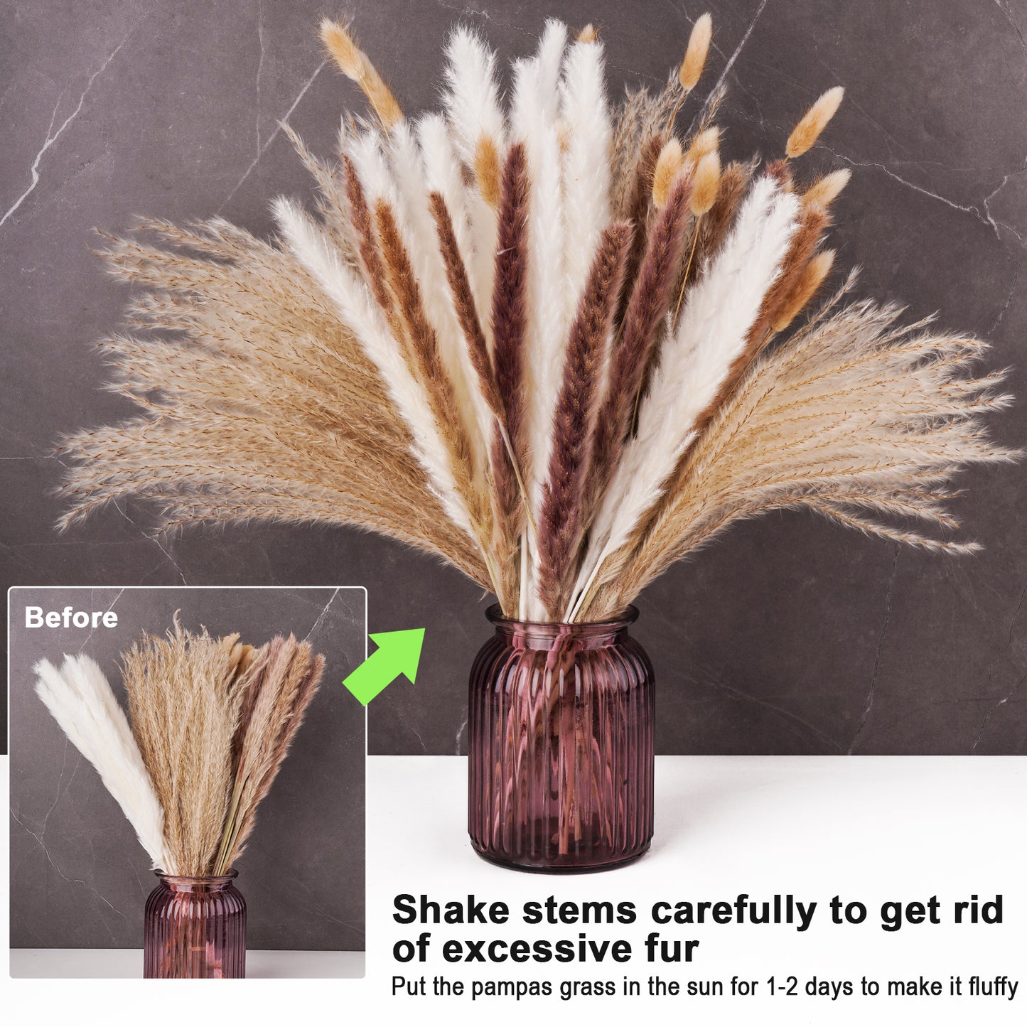 75PCS Natural Dried Pampas Grass Stems Decoration Set (15 White Pampas+15 Brow