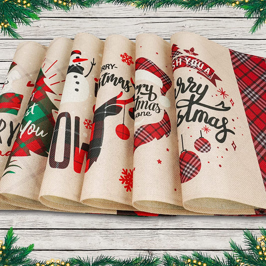Linen Merry Christmas Placemats 6PCS Holiday Dining Table Place Mats Mix Designs