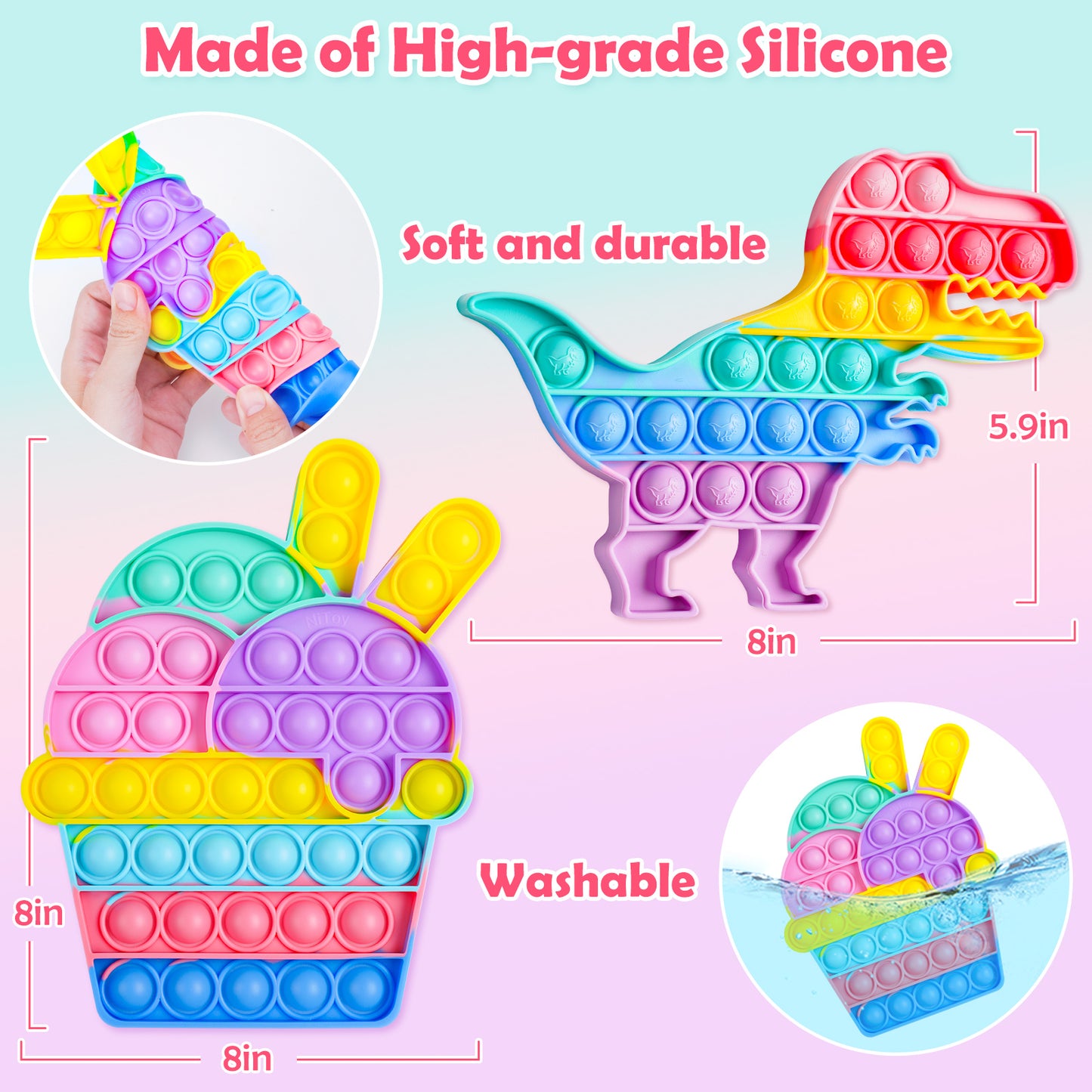 2-Pack Bubble Pop Fidget Toys Silicone Rainbow Push Sensory Toy Set, Large Siz