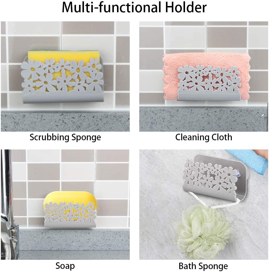 Never Rust Plastic Sponge Holder Sink Caddy Suction Cup Easy Access Holder Gray