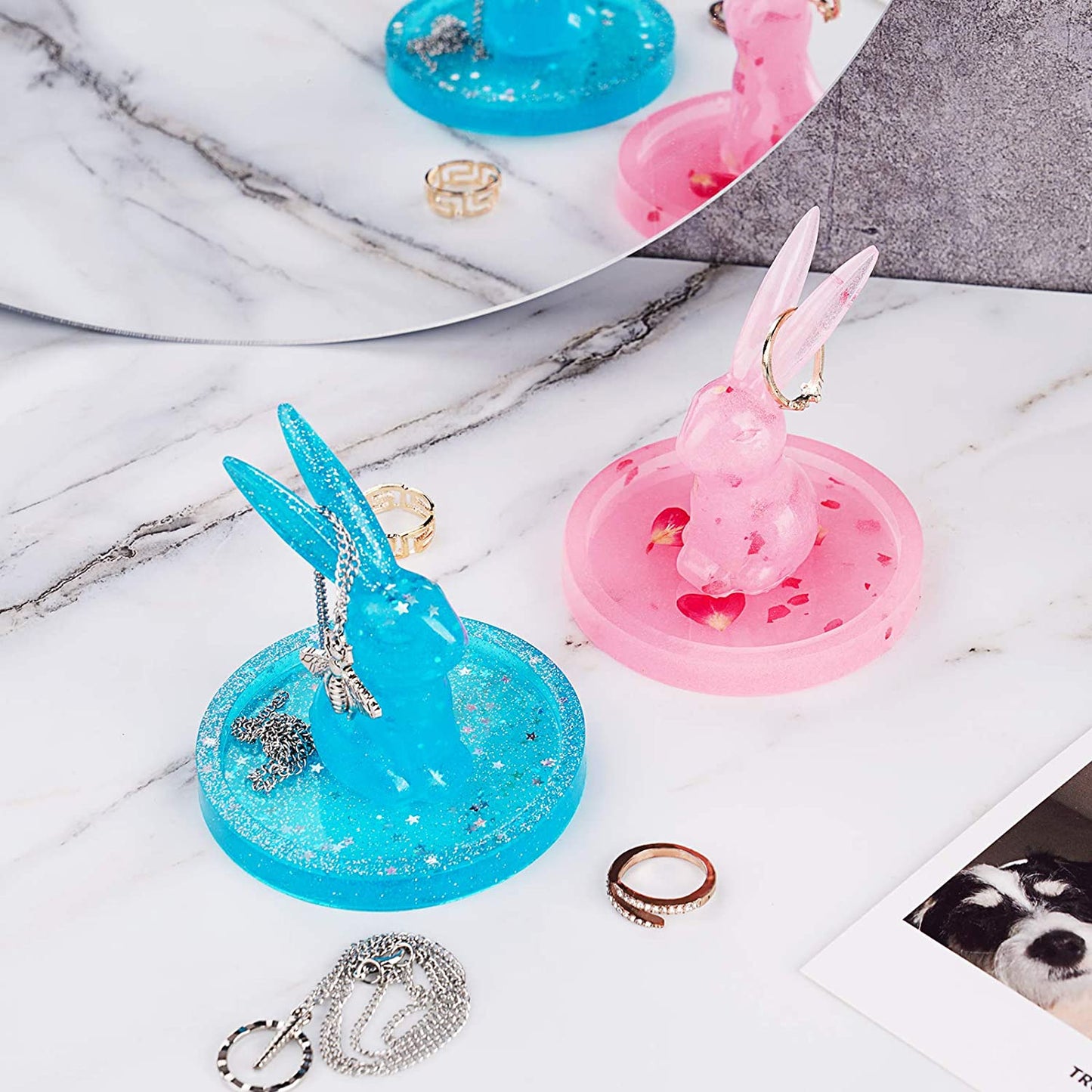 NiArt Resin Casting Silicone Molds 2PCS 3D Bunny Ring Holder+Green Laser Sequins
