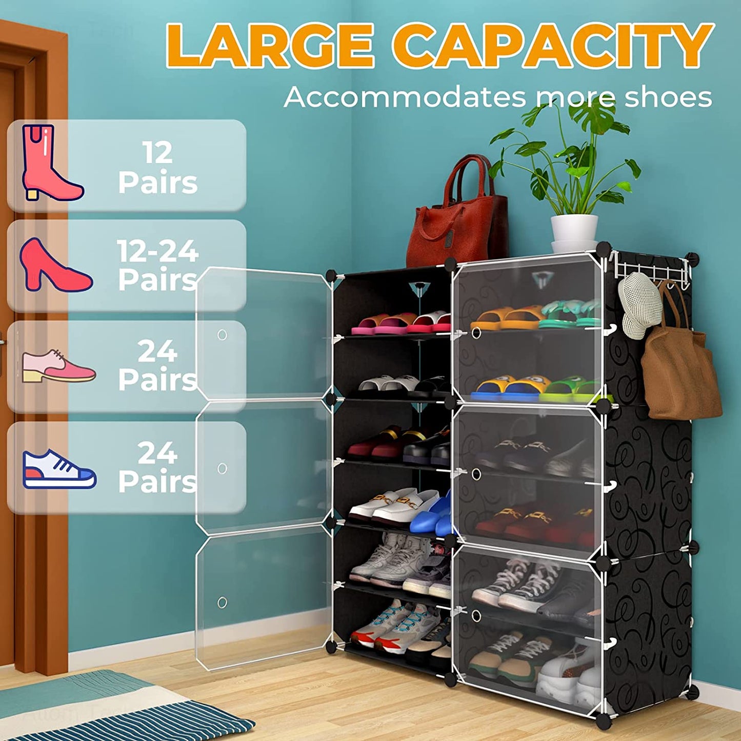 Shoe Rack Organizer w/ Doors 24 Pairs Closet Shoe Box Storage Cabinet Stackable
