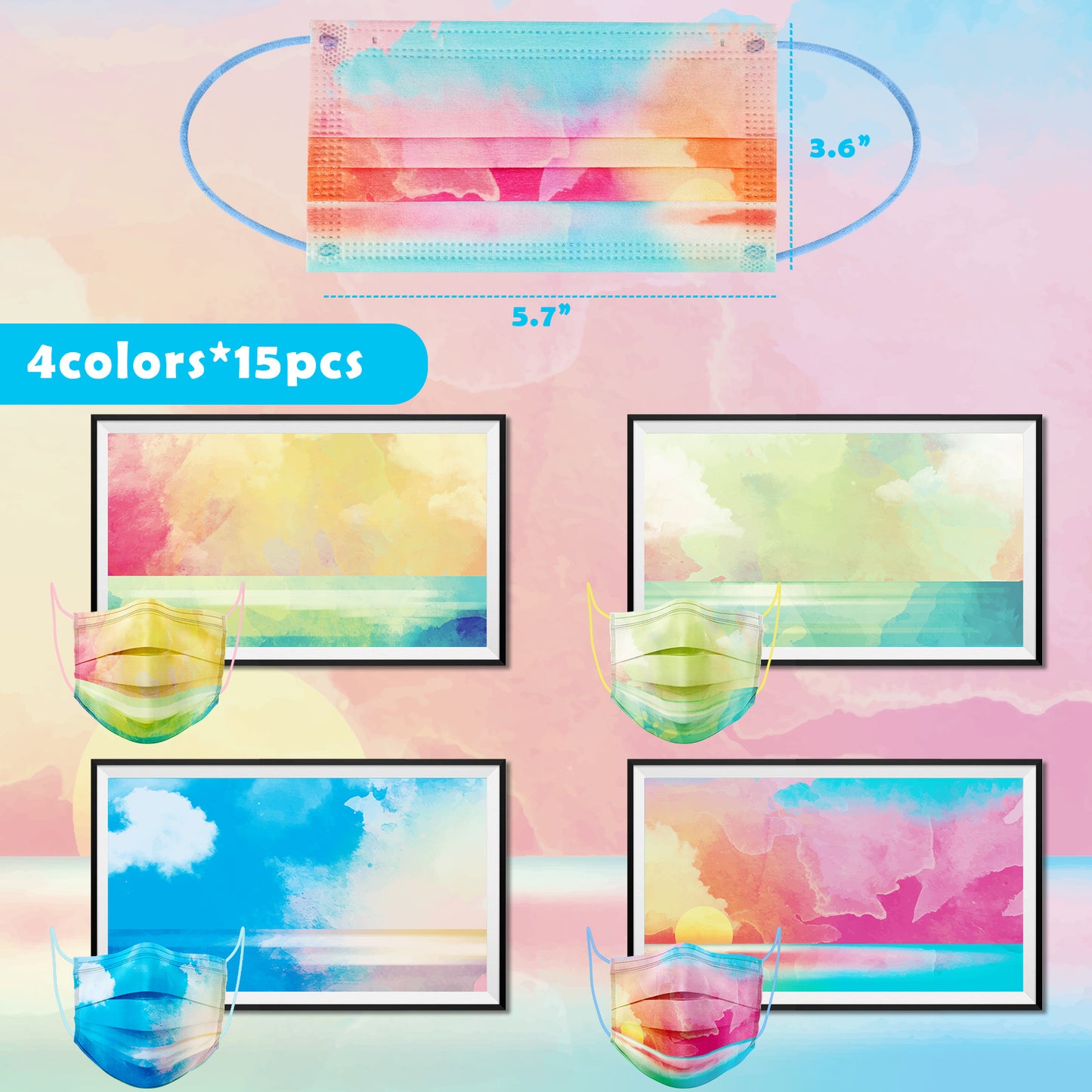 60PCS Disposable Fashion Watercolor Wash Art Painting Print 4 Themes Multi-Colo