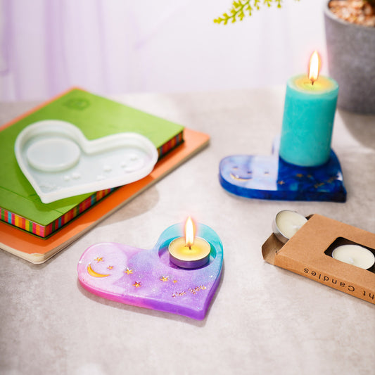 Epoxy Resin DIY Casting Silicone Mold Kit Heart Shaped Candle Holder+10PCS Tea