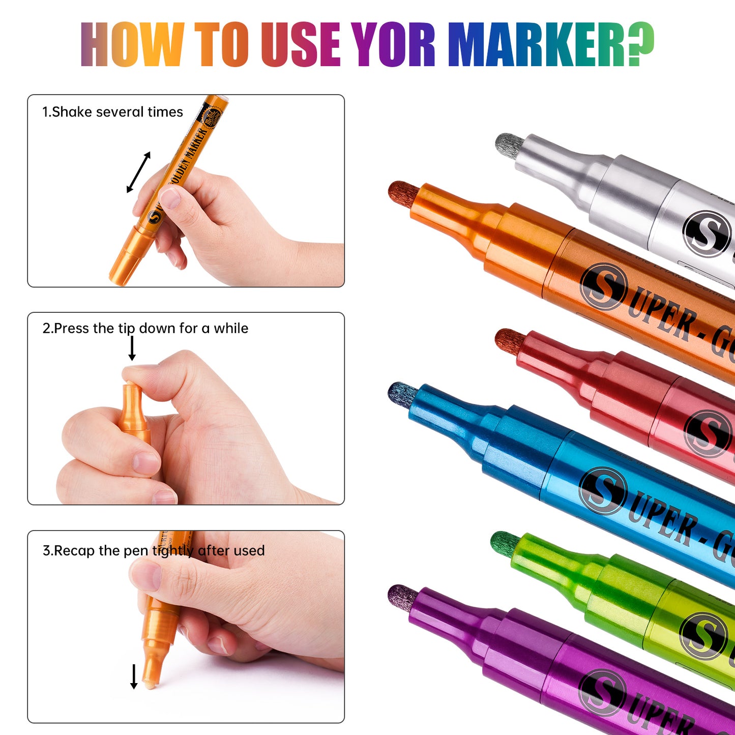 12 Colors Super Golden Metallic Effect Acrylic Paint Pen Set Water-Based Quick