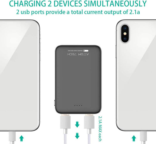 Ultra Compact 5000-mah Dual USB Outputs Super Slim Power Bank Ultra Small, Attom Tech Pocket Size Mini Portable Charger External Phone Battery Pack Small,Emergency Phone Power Backup