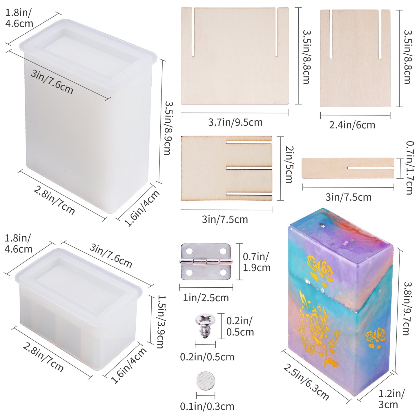 DIY Epoxy Resin Flip Top Cigarette Case Casting Kit Silicone Mold Screws Faste
