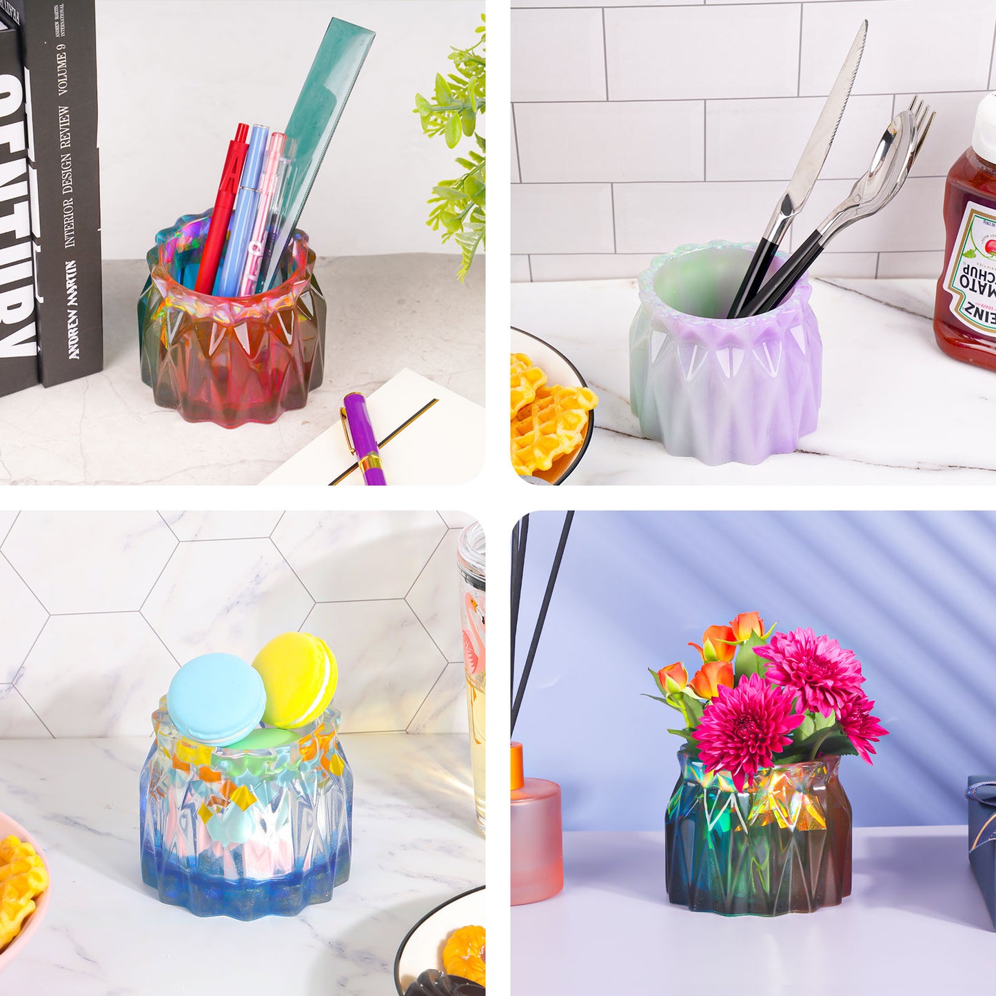 Epoxy Resin Diamond Faceted Vase DIY Casting Silicone Mold Kit+Glitters, Flowe