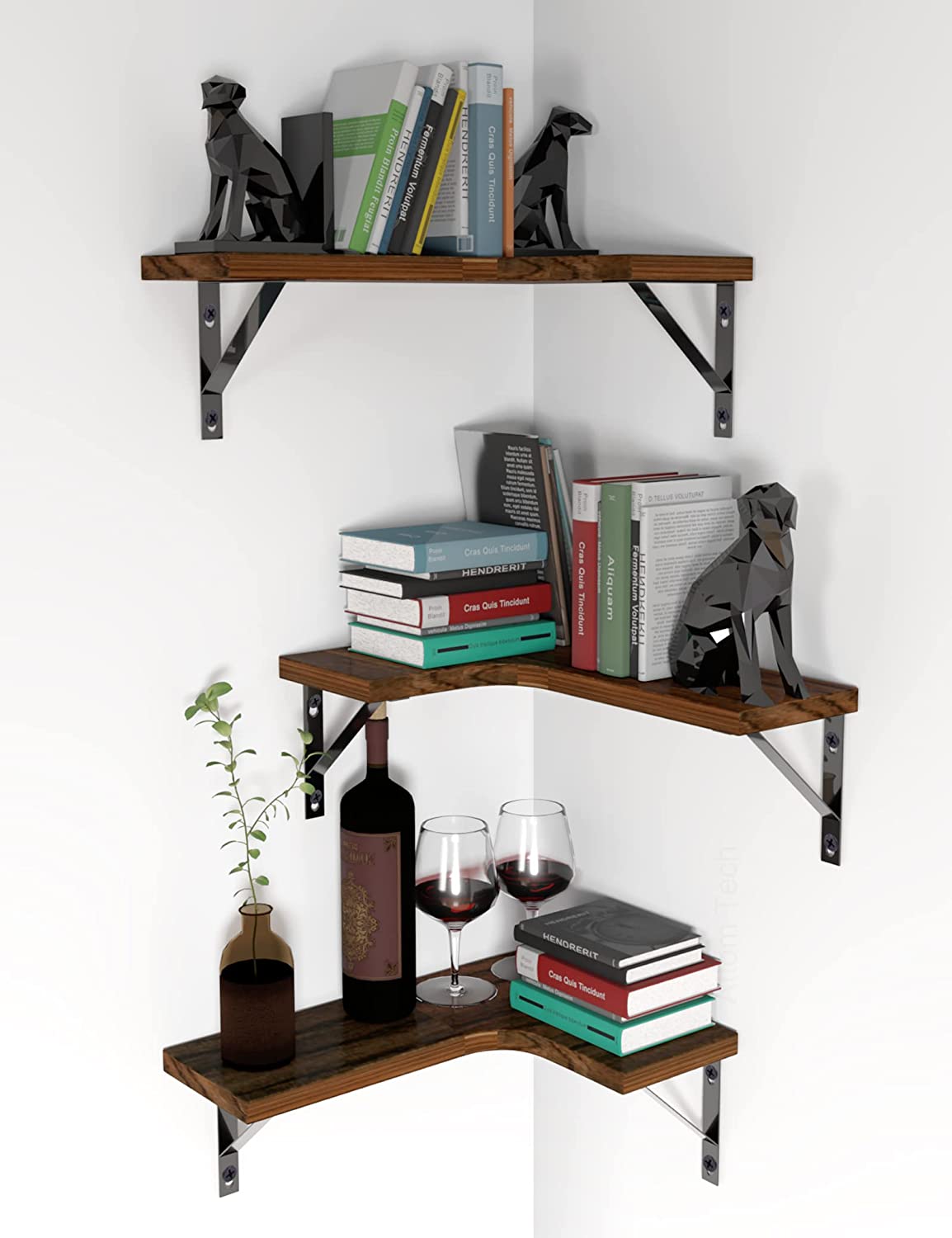 Solid Wood Wall Corner Floating Shelves L-Shape Rustic Wall-Mounted 3-Tire