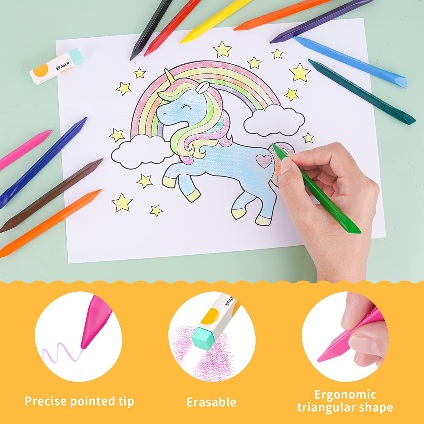 Erasable Crayon Set 12 Colors Triangle Crayons Non-Toxic Erasable Crayons Eraser