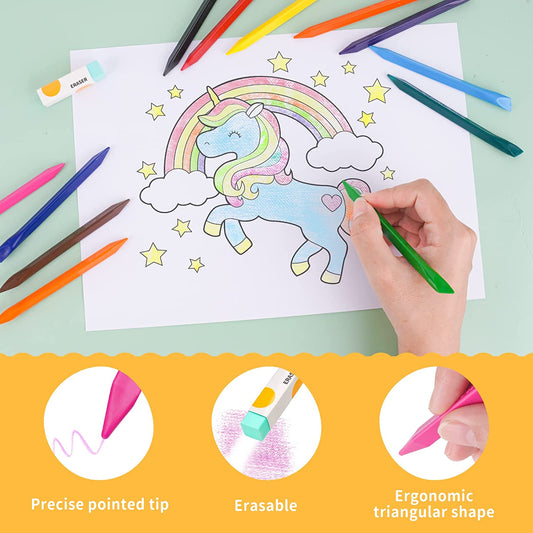 Erasable Crayon Set 12 Colors Triangle Crayons Non-Toxic Erasable Crayons Eraser