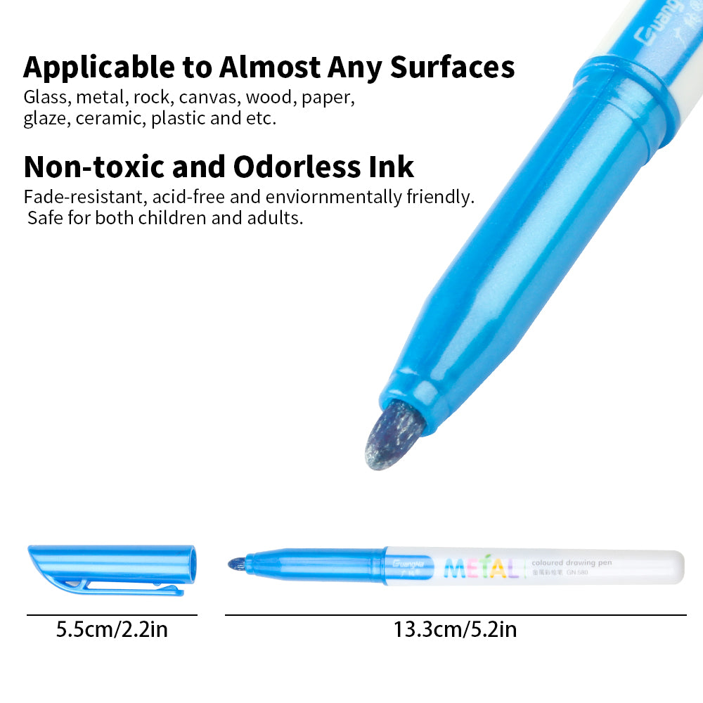Metallic Marker Pens 12 Assorted Color 2mm Fine Tip, Sheen Glitter Painting Pen