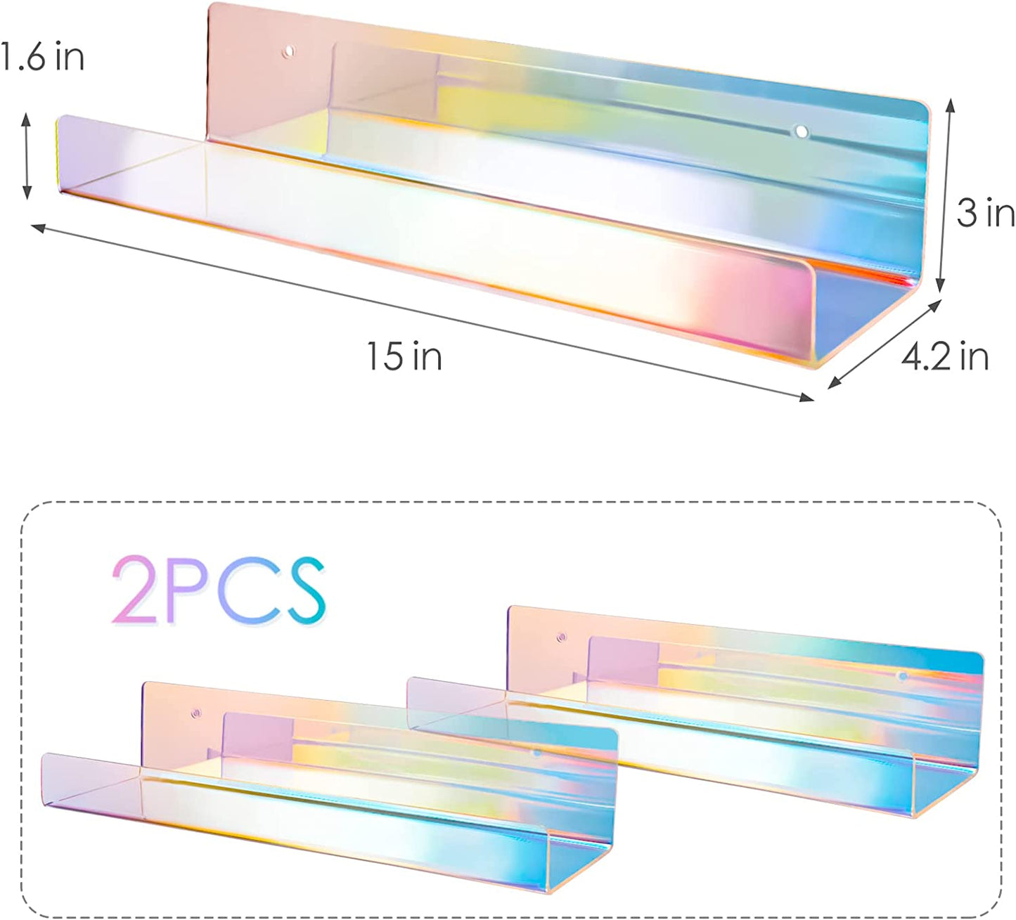 Iridescent Wall Mount Clear Acrylic Floating Shelves 2PCS 15" Thick Wall Ledge