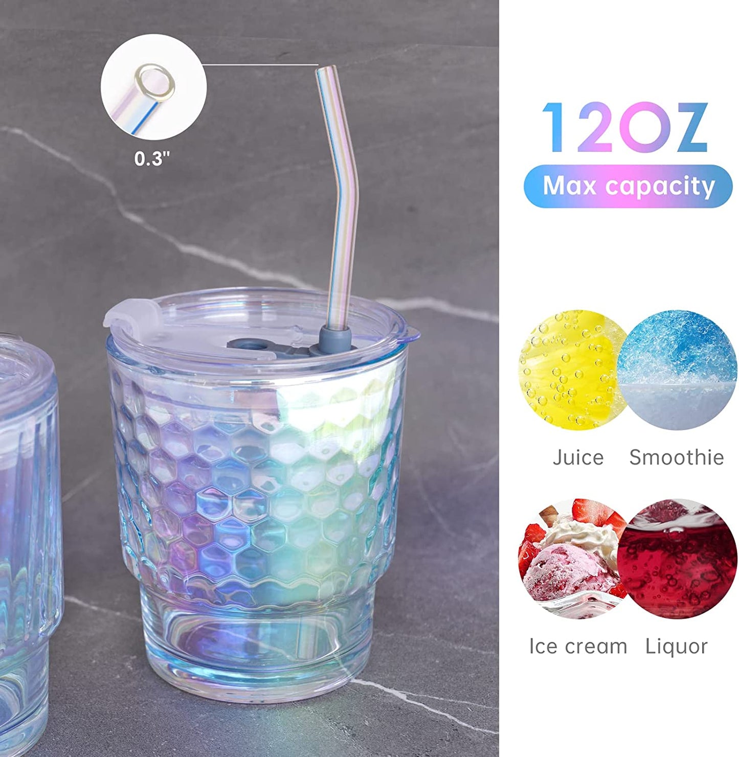 Drinking Glasses Plastic Silicone Lid 4 Glass Straw 2 Brush 8PC Set 12oz Tumbler