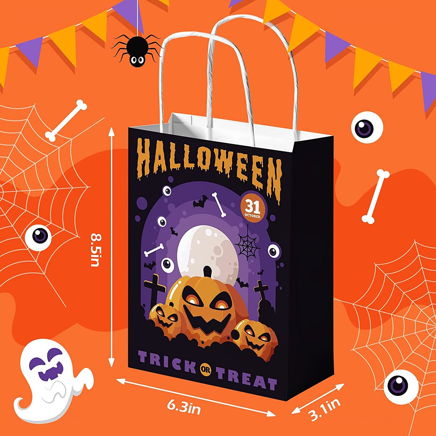 5PCS Halloween Kraft Treat Paper Bags Handles Assorted Designs Trick or Treat