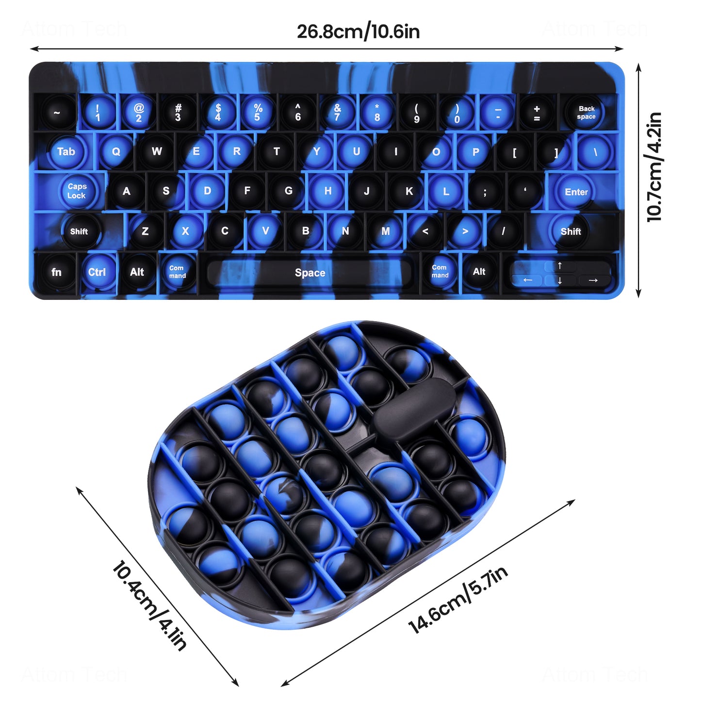 2PCS Keyboard & Large Mouse Push Pop Bubble Fidget Tie-Dye Blue/Black Camo