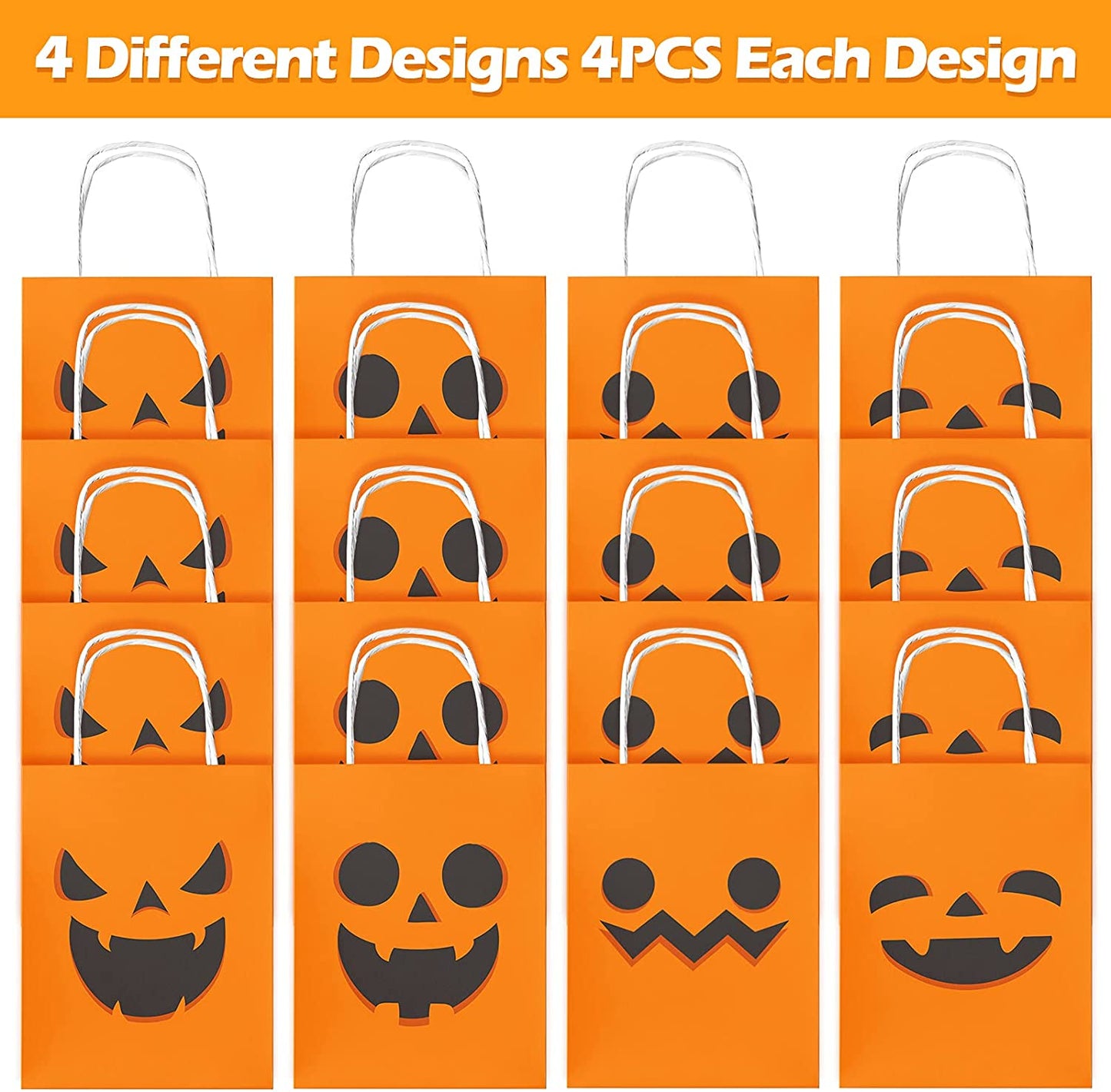 16-Pack Halloween Pumpkin Kraft Paper Treat Bags with Handles Trick or Treat