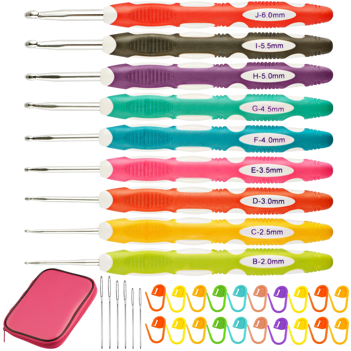 Aluminum Crochet Hook Anti-Slippery Silicone Handle 9PCS 2-6mm 6.4" Color-Code