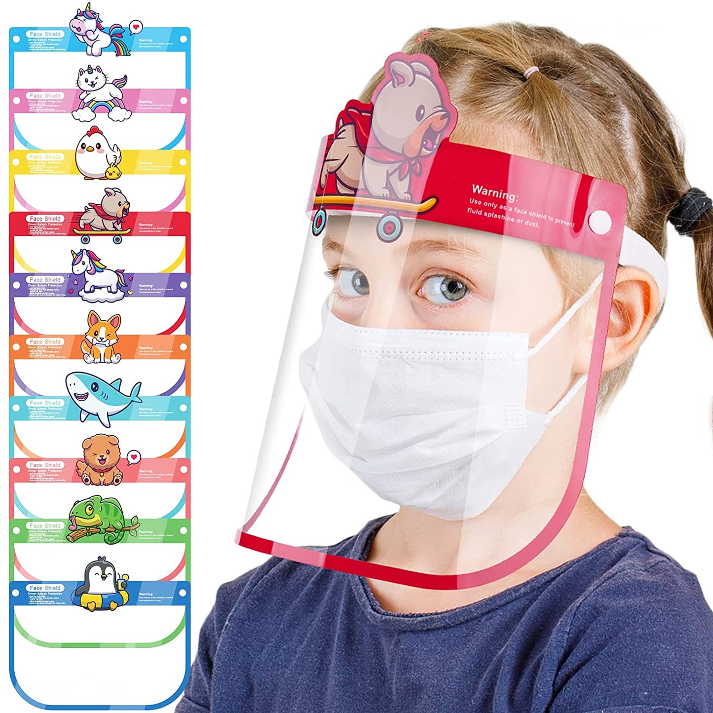 10PCS Kids' Protective Safety Face Shields Reusable Clear Cover Cartoon Designs
