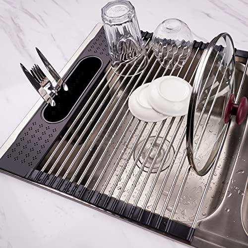 Roll Up Dish Drying Rack Utensil Holder Tray 17.5"x15.3" Over Sink Drainer Black
