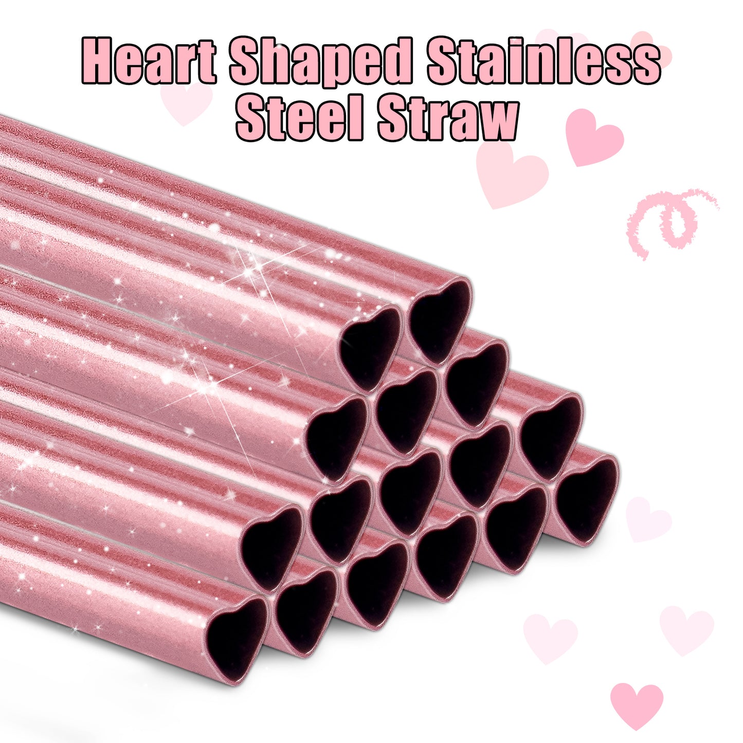 Reusable Straws 16 Pack, Stainless Steel Drinking Straws Heart Pearl Pink
