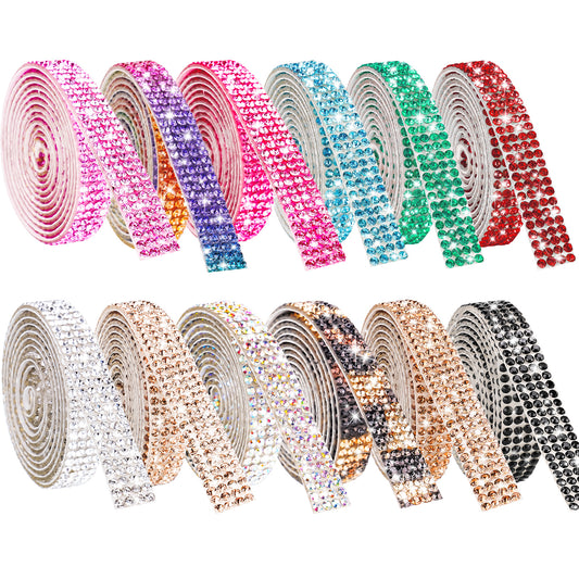 12-Pack 0.9cm Self-Adhesive Crystal Rhinestone Diamond Ribbon Roll - 12 Colors