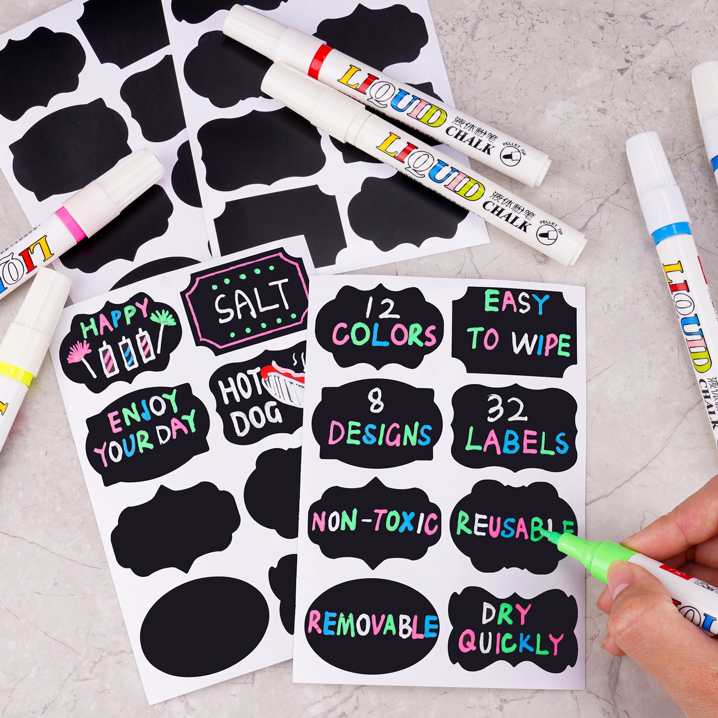 12 Colors Liquid Chalk Markers with 32PCS Chalkboard Stickers Kit, Glass Marke