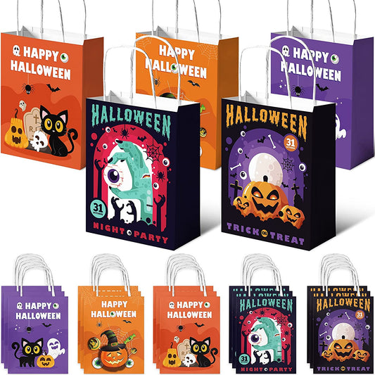 15PCS Halloween Kraft Paper Treat Bag Handles Trick or Treat Holiday Party Favor