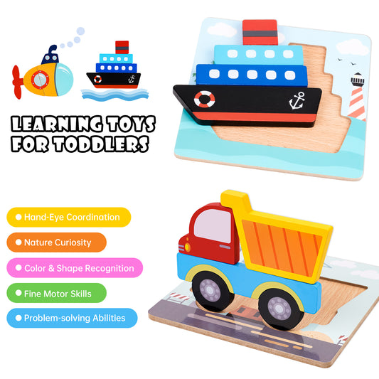 Wooden Jigsaw Puzzles 5PCS Helicopter Ship Submarine Tractor Truck Pegged Puzzle