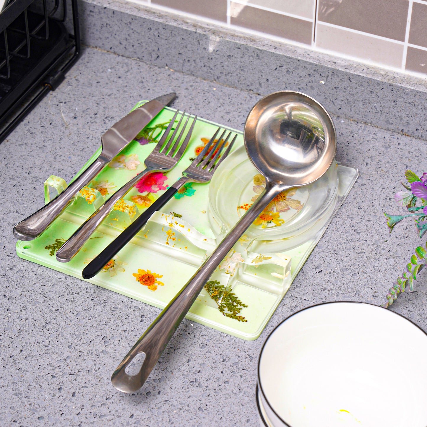 Spoon Rest Epoxy Resin Silicone Mold Kit+Gillter, 3 Slots+1 Spoon Holder Drip