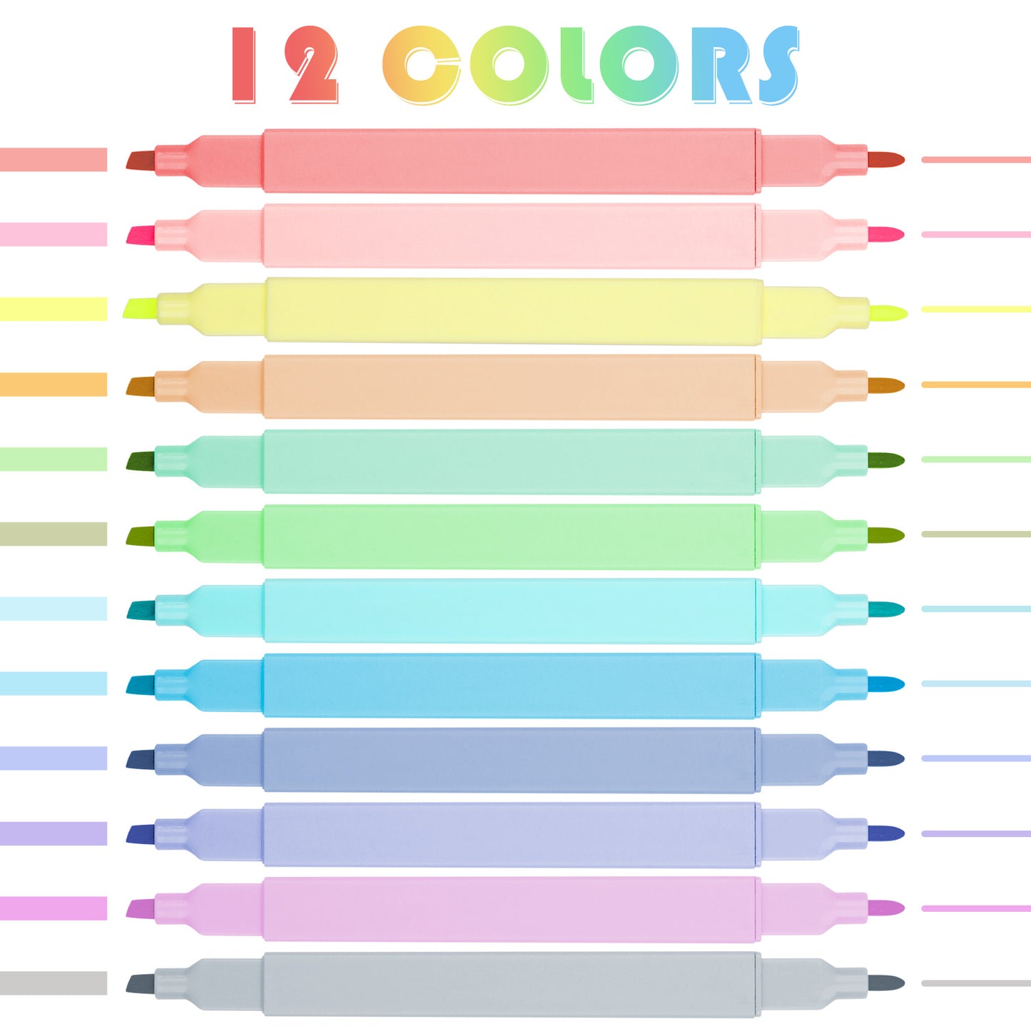 Dual Tips Highlighter Marker Pens, 12 Colors Water-Based Pastel Ink 4mm Chisel