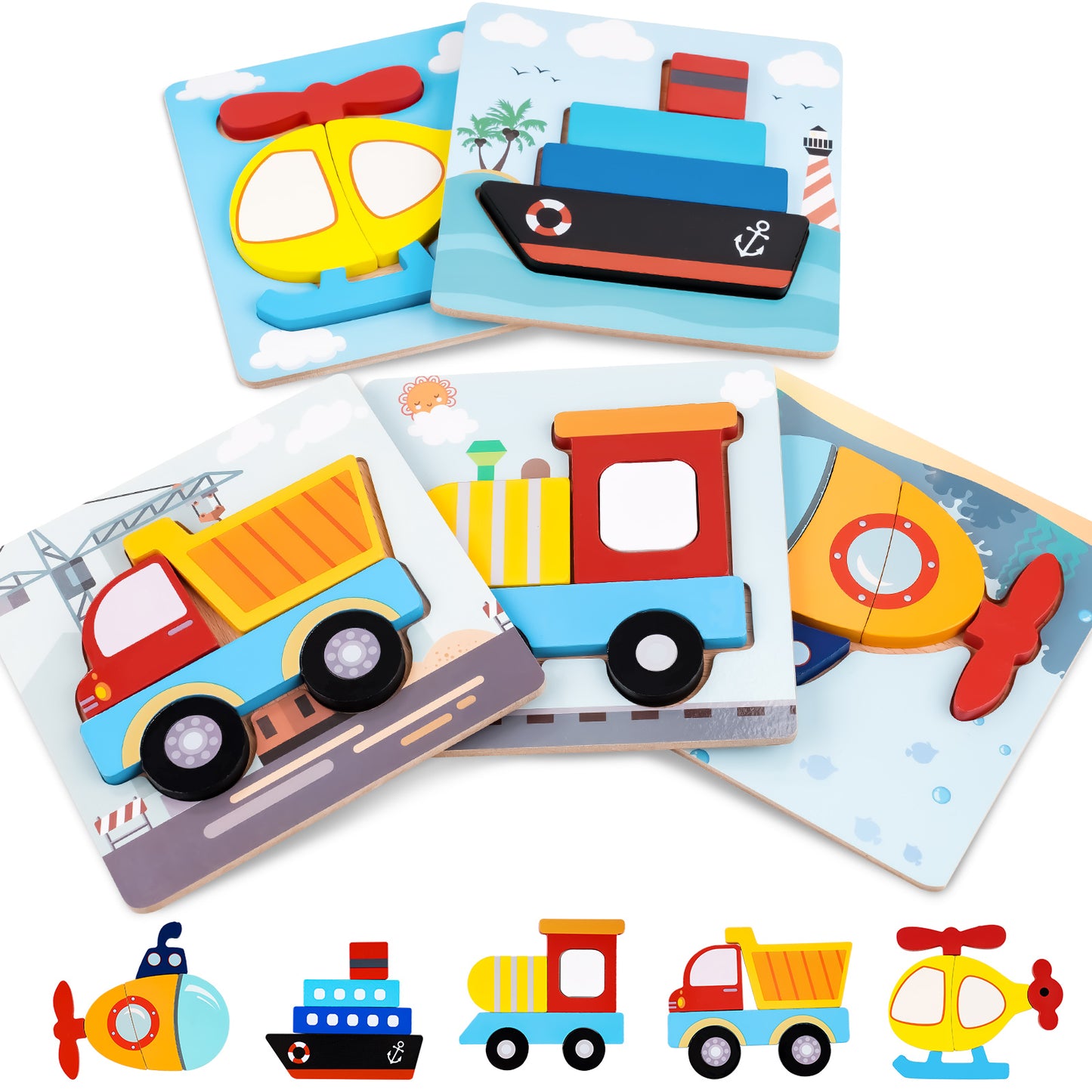 Wooden Jigsaw Puzzles 5PCS Helicopter Ship Submarine Tractor Truck Pegged Puzzle