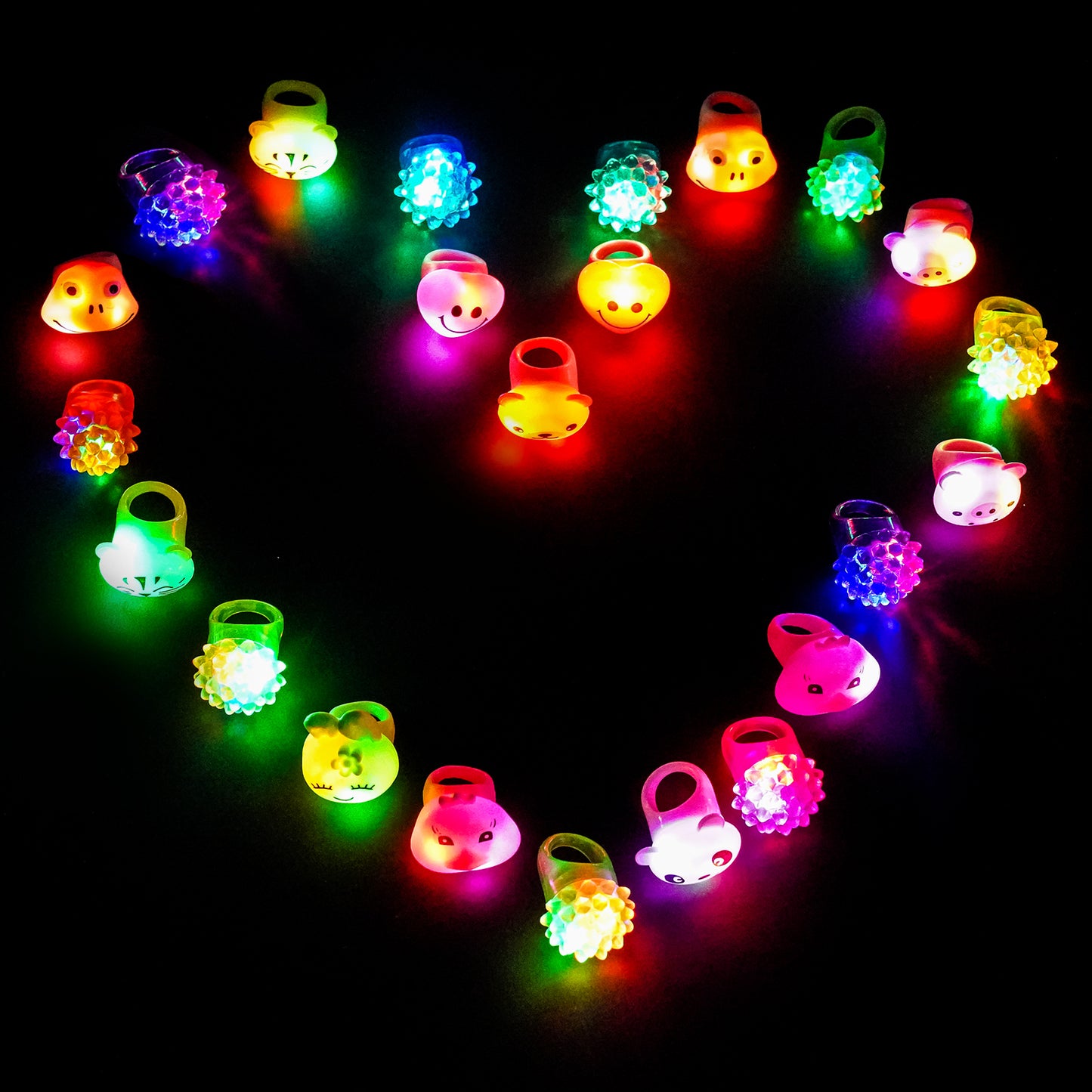 30PC Flashing LED Light Up Bumpy Jelly Rubber Ring 10 Shapes Colorful Finger Toy