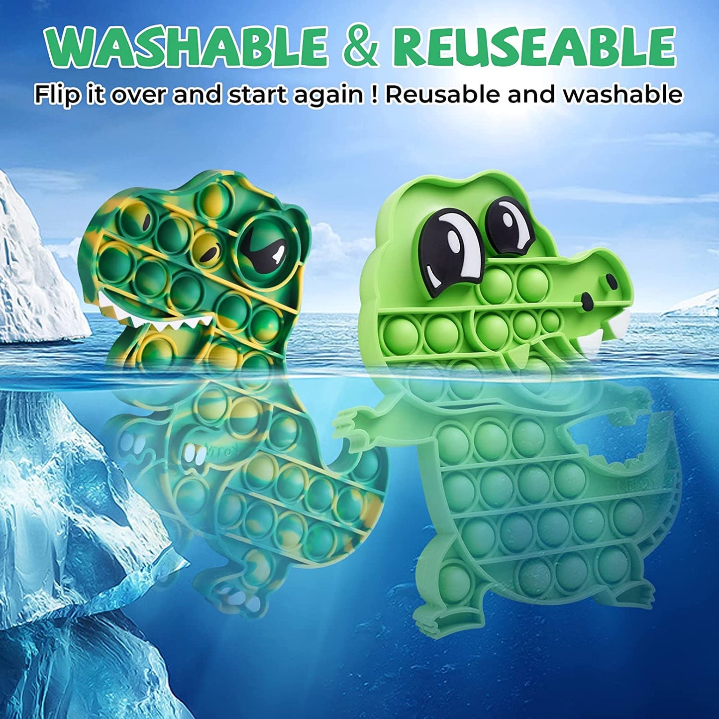 2-Pack Push Pop Bubble Fidget Sensory Toys, T-Rex Dinosaur and Crocodile