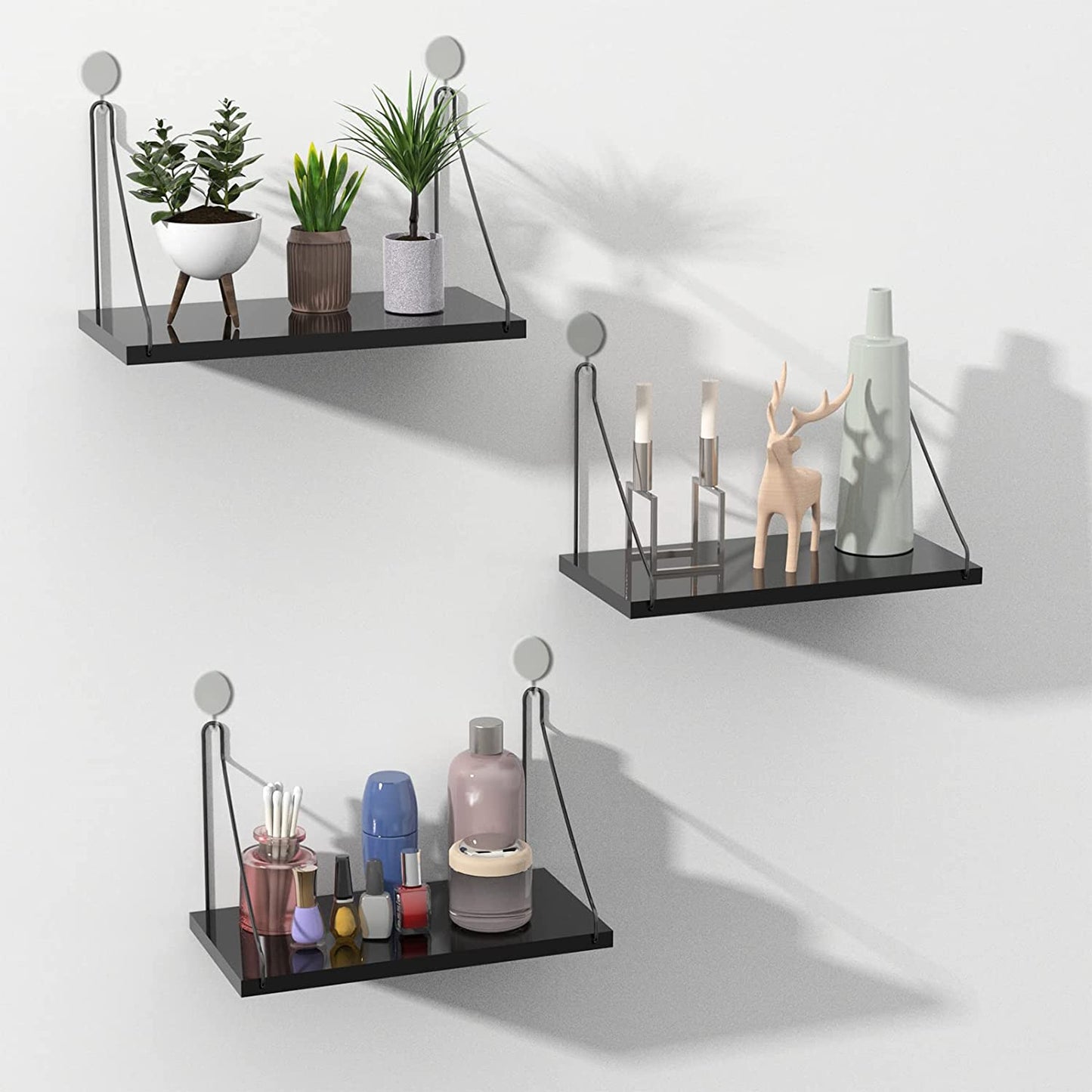 Wooden Floating Shelf Set of 3 Wall Mounted Decorative Display 11.7x5.9 (Black)