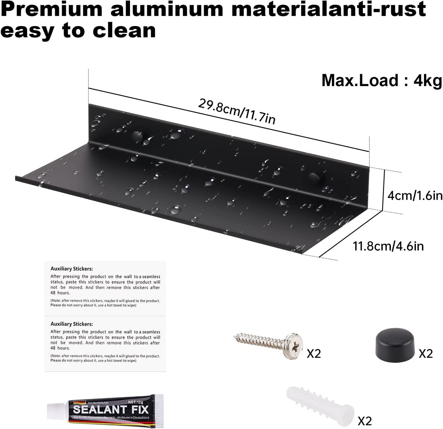 Aluminum Wall Mount Floating Shelf Picture Ledge Black 11.7"x4.6" Metal Display