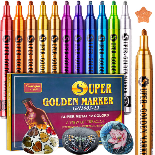12 Colors Super Golden Metallic Effect Acrylic Paint Pen Set Water-Based Quick