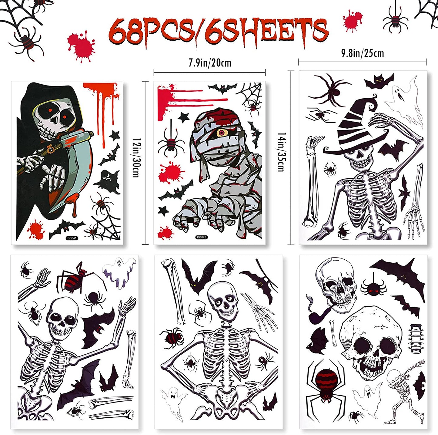 68PCS Skull Skeleton Halloween Window Cling Decal Sticker Set Home Office Gifts