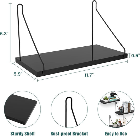 Wooden Floating Shelf Set of 3 Wall Mounted Decorative Display 11.7x5.9 (Black)