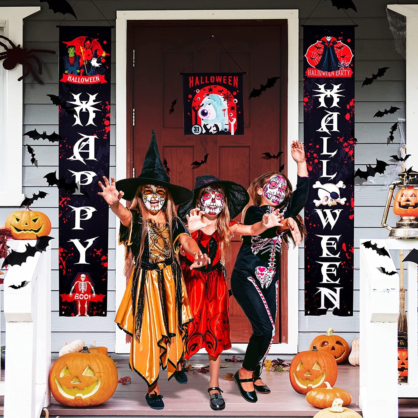Happy Halloween 3PCS Hanging Banner Couplet 28PCS 3D Bat Wall Stickers Kit Decor