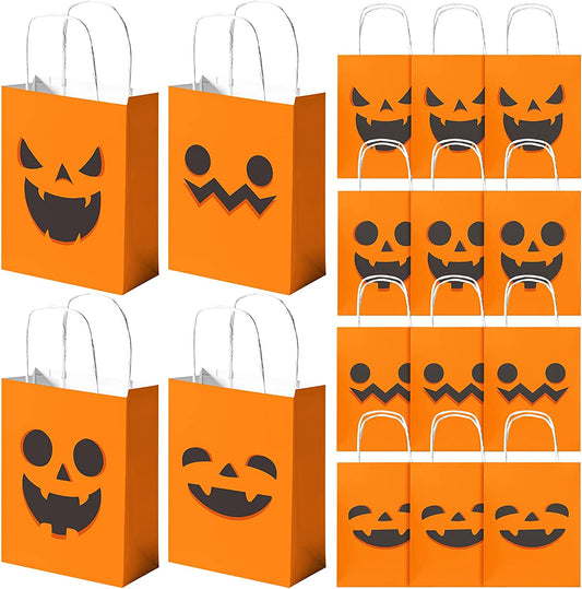 16-Pack Halloween Pumpkin Kraft Paper Treat Bags with Handles Trick or Treat
