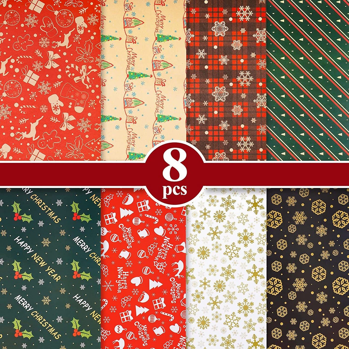 Single-Side Christmas Wrapping Paper 8PCS 28x20 Christmas Holiday Wrapping Paper