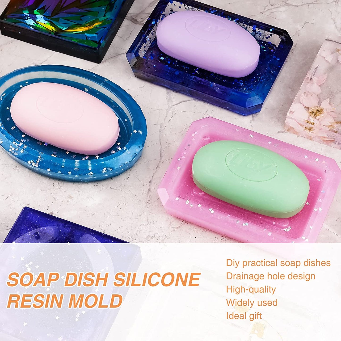 Soap Dish Resin Silicone Mold Kit 3 Shapes Oval/Square/Rectangle + Star Sequins
