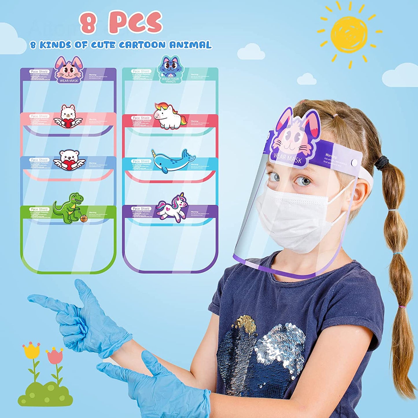 8PCS Kids Cartoon Animals Safety Face Shields Unisex Cute Reusable (8 Designs)
