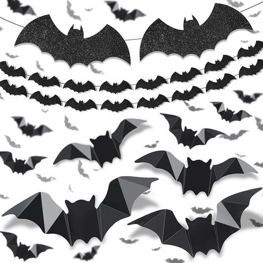98PCS 3D Halloween Flying Bats Decoration Kit Bat Decals Glittery Bat Garlands