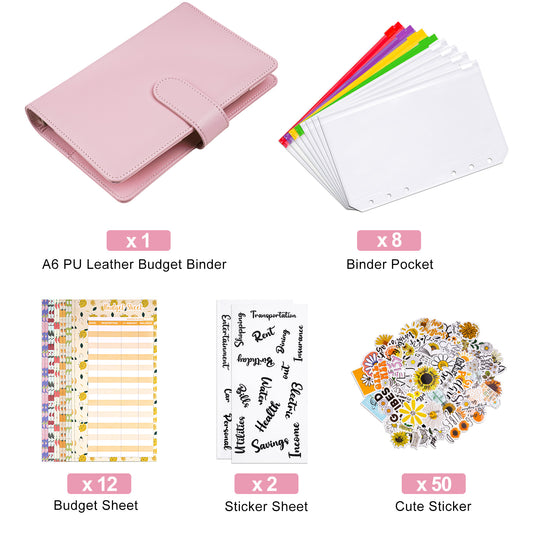 A6 PU Leather Magnetic Buckle Loose Leaf Budget Binder Set, Budget Planner Org