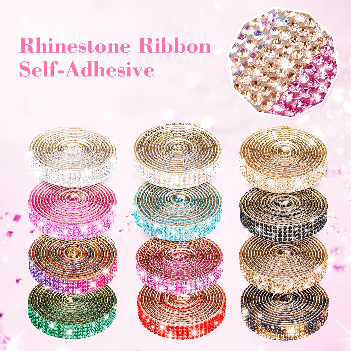12-Pack 0.9cm Self-Adhesive Crystal Rhinestone Diamond Ribbon Roll - 12 Colors